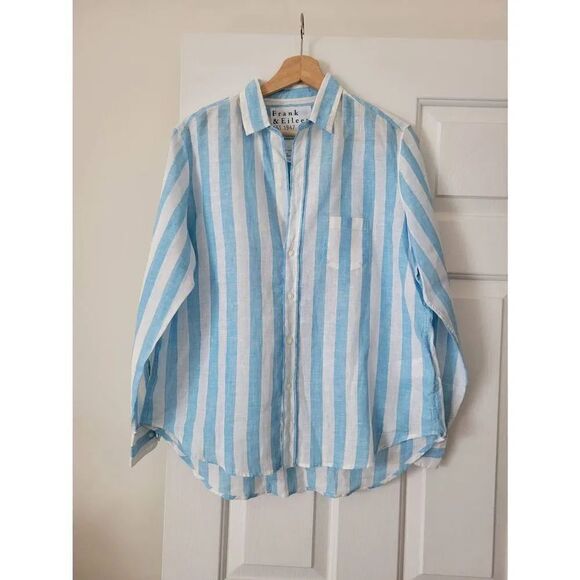 Frank & Eileen Woven Linen Blue Striped Shirt S NWOT - Picture 1 of 7